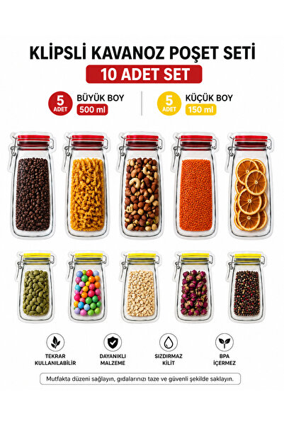 KEA 10 Adet Kilitli Kavanoz Görünümlü Saklama Poşeti – Kuru Gıda Düzenleyici