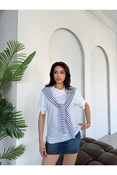 NEW JOURNAL Γυναικείο T-Shirt Saks-Λευκό Oversize με λεπτομέρεια σάλιου ELT7248