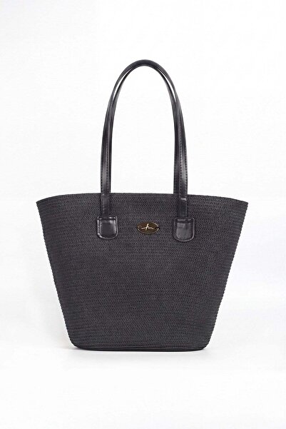 Haşema Ψάθινη τσάντα παραλίας με δερμάτινη λαβή και φερμουάρ σε μαύρο χρώμα 3120