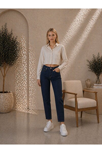 Rosita Kadın Yüksek Bel Mom Boyfriend Paça Dikiş Detaylı Full Likralı Jean