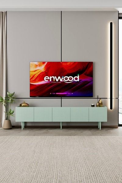 enwood Capella TV ünitesi mint yeşili MDF 5 kapaklı 200 cm ayaklı