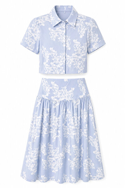 HAZELANNA Μπλε Σετ Φούστας με Κροπ-Τοπ και Κορσάζ