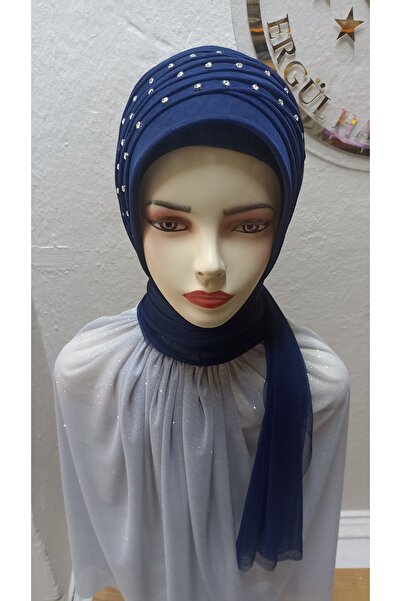 Ergül Duvak عمامة جاهزة موديل سيمسيز أوكاي بلون أزرق داكن لامع، حجاب جاهز، شا...