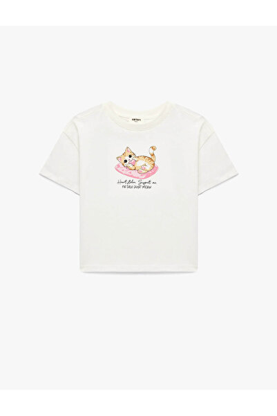 Koton Tricou pentru fete cu imprimeu pisică, ecru 6Skg10585Ak