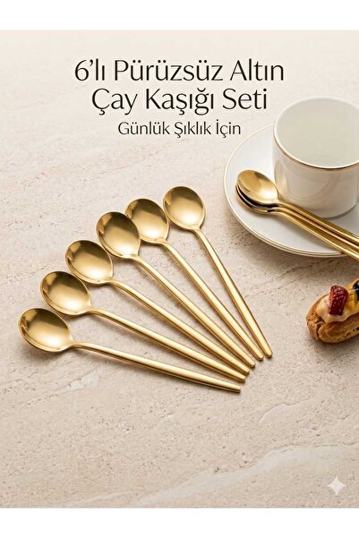 LOVYCO 6 Adet Gold Çay Kaşığı Takımı - Çeyizlik Şık Tasarım Çelik Çay ve Kahv...