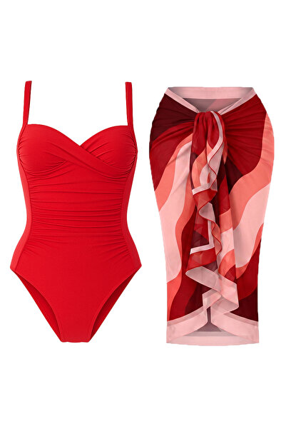 CUPSEA Γυναικείο μαγιό με ντραπέ, κόκκινο μαγιό, κόκκινο με μοτίβο κυμάτων, σ...
