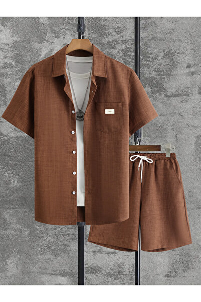 Take Two By Styli Men Brown Textured Short Sleeve Button Front Shirt and Shor...