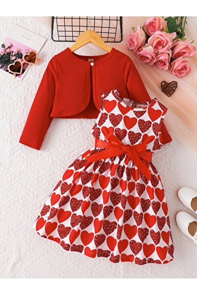 Take Two By Styli Girls Red Heart Print Dress and Jacket Set