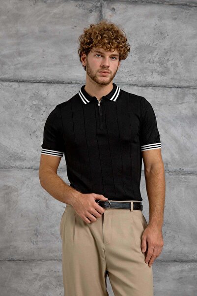 NOMARC Tricou negru DPP cu guler și dungi