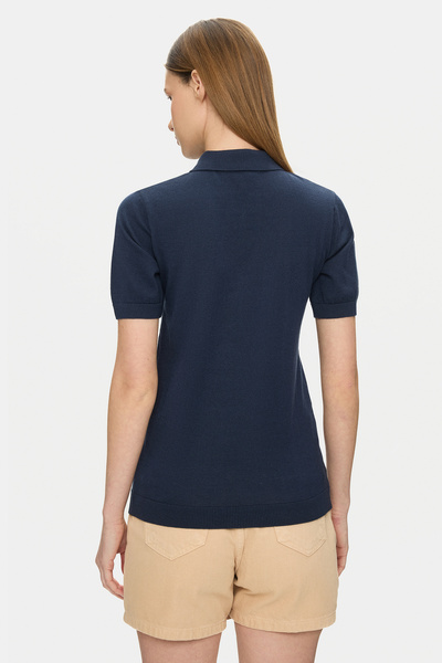 UCLA ASHERA Lacivert Polo Yaka Half Zip Triko Nakışlı %100 Pamuk Standard Fit Kadın Tshirt