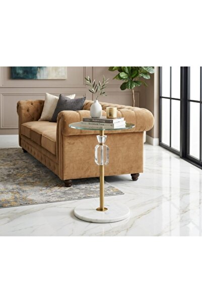 Generic Luxury Glass Side Service Table with Marble Base and Steel Column - M...
