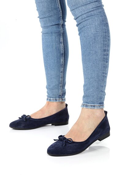 ÜNAL ÖZER Γυναικείες μπαλαρίνες Navy Blue Suede από γνήσιο δέρμα με φιόγκο Un...