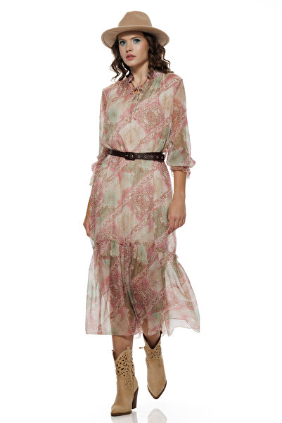 Fofy Rochie eleganta din voal matasos roz cu volane si imprimeu paisley