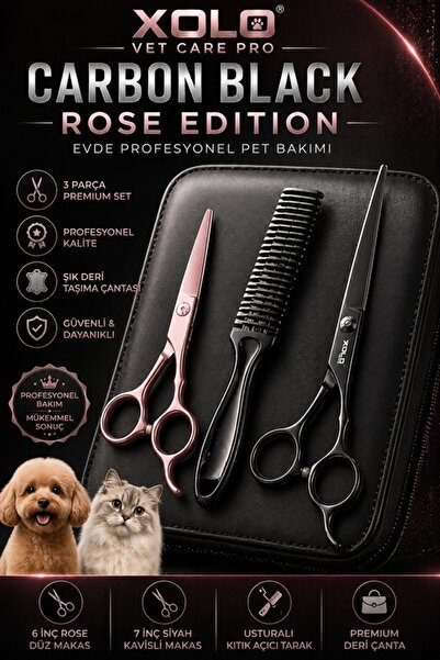 xolo Vet Care Pro Carbon Black Rose Kedi Köpek Bakım Makas Seti Deri Çantalı