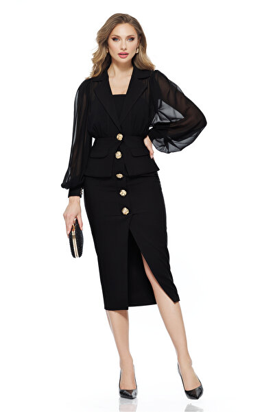 Fofy Compleu dama elegant rochie neagra sacou cu maneci de voal peplum si nas...