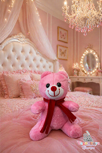 vagontoys Ayıcık Peluş Oyuncak Pembe Kırmızı Atkılı Uyku Arkadaşı – 25 cm Yum...