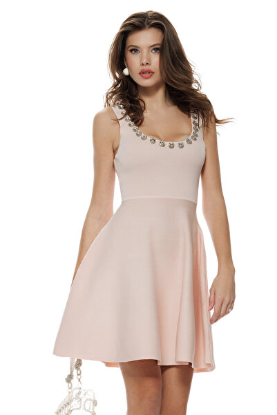 Fofy Rochie dama tricotata premium roz cu aplicatii de cristale maxi pe decolteu