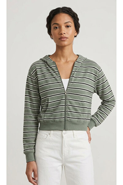 BLOUSE Yeşil Beyaz Çizgili Crop Fit Fermuarlı Hırka