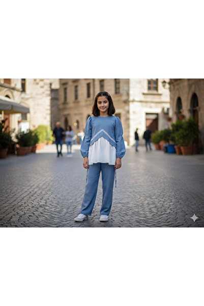 ASALEA Girl's Double Linen Set – Stylish Detailed Blouse & Comfortable Cut Pa...