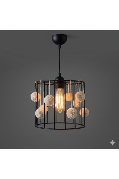 NGAHOME El Yapımı Siyah Tel Kafes Ponponlu Dekoratif Avize (20x15 cm) - LED A...