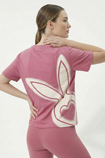 Cardio Bunny تي شيرت نسائي كبير الحجم بطباعة رسومية على الظهر من القطن الخالص...