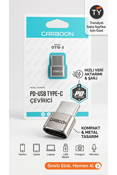 hom sel Carboon OTG-3 Metal Type-C USB Dönüştürücü Adaptör PD Hızlı Şarj ve Y...