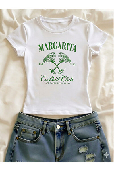 Vordevia Tricou crop cu mânecă scurtă, cu imprimeu Margarita, din Lycra, cu d...