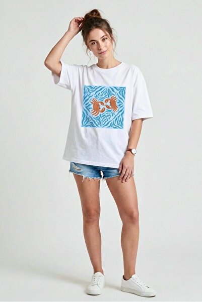 HOXİE Unisex White Oversize Crab and Wave Printed Cotton T-Shirt