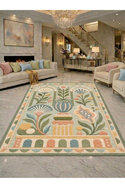 Rugs Modern Halı SDT Pastel Çiçek Bahçesi Motifli Yeşil Zeminli Dokuma Taban ...