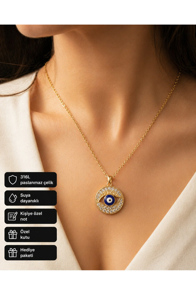 HER ŞEY NOTA www.herseynota.com Gold Color Evil Eye Beaded Eye Pendant 316L S...