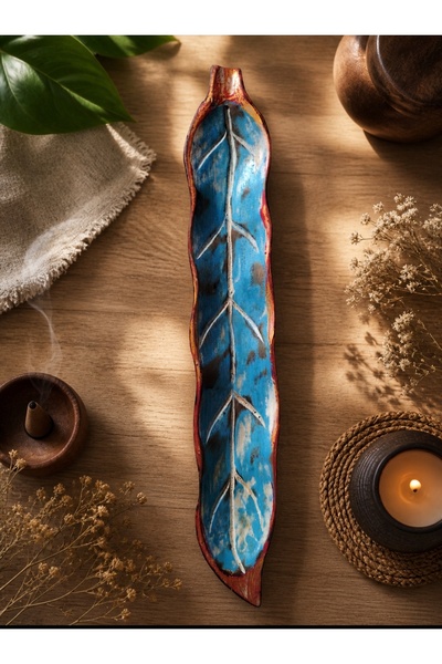 WoodBay Teak Ağacı Yaprak Model Çubuk Tütsülük El Boyama 35 cm Doğal Ahşap Tü...