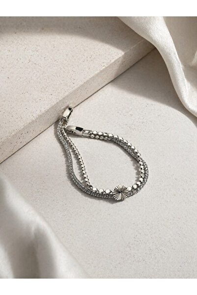 BERF JEWELLERY سوار فضي على شكل قلب بسلسلة مزدوجة