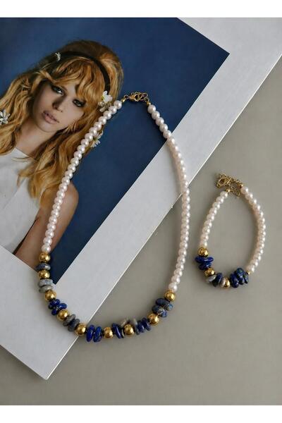 Ceso Accesories Mavi Kırık Taşlı İnci Kolye ve Bileklik Seti