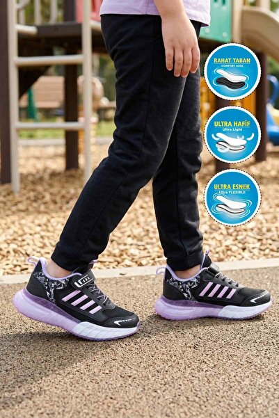 WALKWAY Black Lilac Velcro Mesh Lightweight Girls' Sports Shoes 748 F