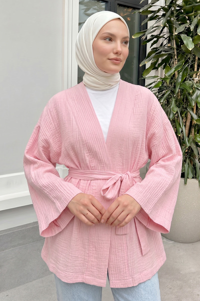 Salih Çelebi Kuşak Detaylı Bürümcük Kimono 2377 - PEMBE