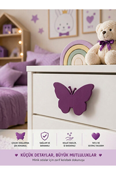 Mynivora butterfly Görünümlü Dolap Kulpu 1 Adet Beyaz Çekmece Kulpu Çocuk Oda...