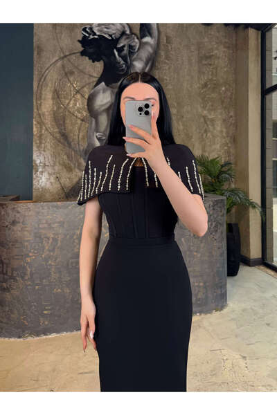 missswans Ramona Pelerin Aksesuarlı Taş İşlemeli Ve Straplez Midi Boy Abiye S...