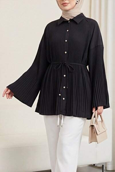Modamorfo Tie-Waist Stoned Buttoned Pleated Poplin Tunic - Black