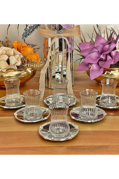 P&ORA PREMIUM KITCHEN PRODUCTS طقم شاي فضي مطلي بالذهب من الكريستال، 12 قطعة، يتسع لـ 6 أشخاص، مع أطباق معدنية فضية وتفاصيل فضية