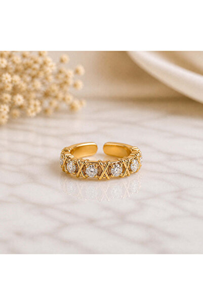 BIJUTERI Yzk-4008 Zircon Stone X Detailed Adjustable Gold Ring