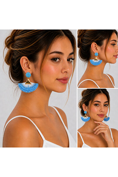 synshop Blue Zarax Model Women's Flower 5cm Earrings Straw Large Size Summer ...