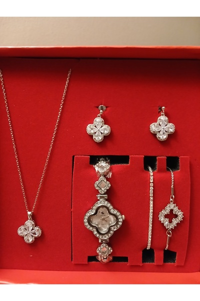 GUNESTAKI Silver Çelik Sevgiliye,Arkadaşa Hediye Takı Kutusu Saatli 5 Parça T...