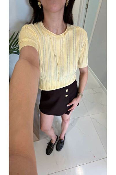 BİRCANÇİL Mullda Yellow Short Sleeve Openwork Knitwear