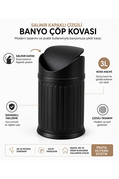 Yufira Life Siyah 3 Litre Çizgili İç Kovalı Sallanır Kapaklı Banyo WC Ofis Mu...