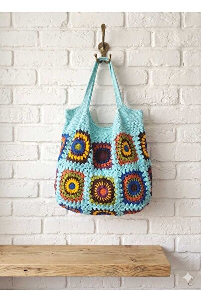 El Örgüsü Renkli Motifli Kadın Omuz Çantası - Boho Stil Granny Square Crochet Bag