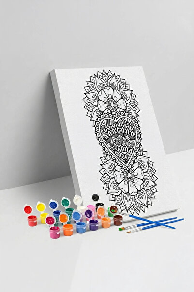 Tabdiko Kalp Çiçek Desenli Mandala Tuval Boyama Seti 40x50 cm