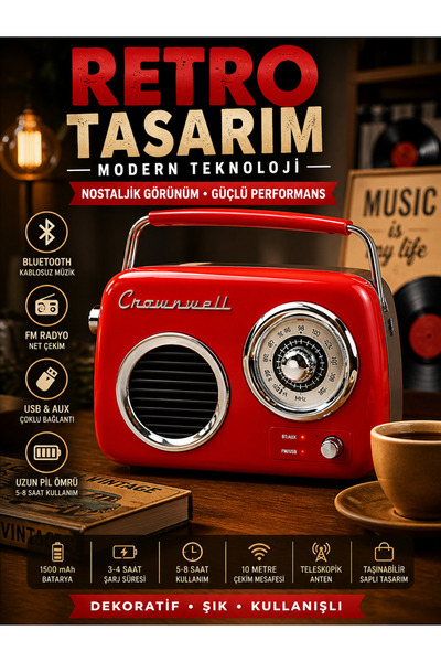 KOLAYEV Retro Bluetooth Radyo Kırmızı FM USB AUX Nostaljik Vintage Hoparlör T...