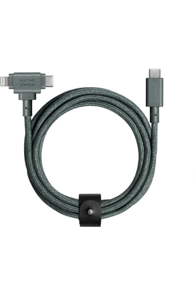 Native Union Cablu Belt Duo (USB-C - USB-C, Lightning) 1,5m, verde ardezie