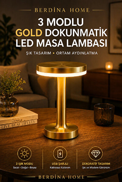Berdina Home 3 Modlu Gold Dokunmatik LED Masa Lambası USB Şarjlı Ortam Aydınl...
