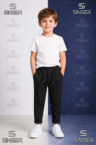 SS SİNSER Boys' Plain Trousers with Elastic Waist Lycra and Folded Cuffs Styl...